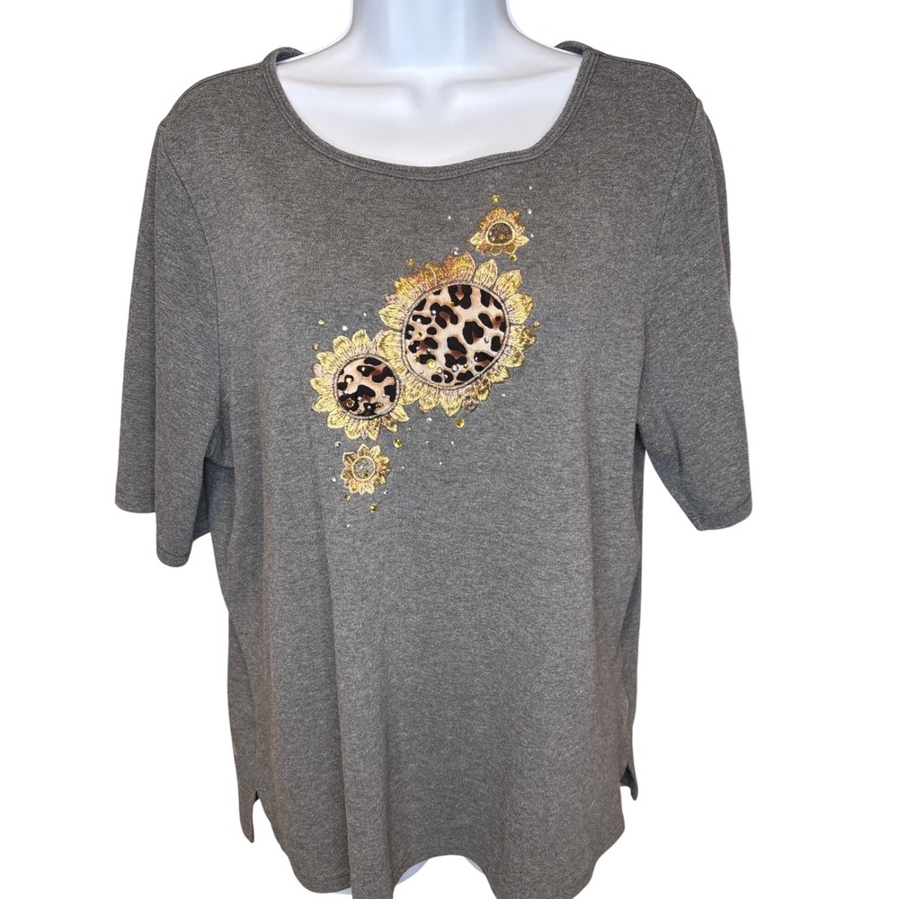 Quacker Factory Womens Gray Leopard Sunflower Rhinestone Top Sz L Flowy Sparkly
